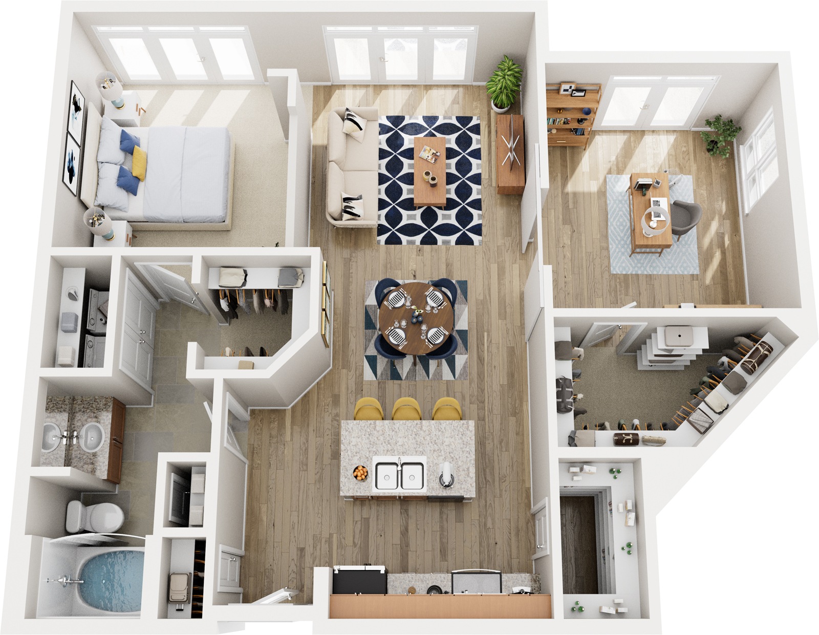 A top-down view of a modern apartment with a kitchen, living room, and bathroom.