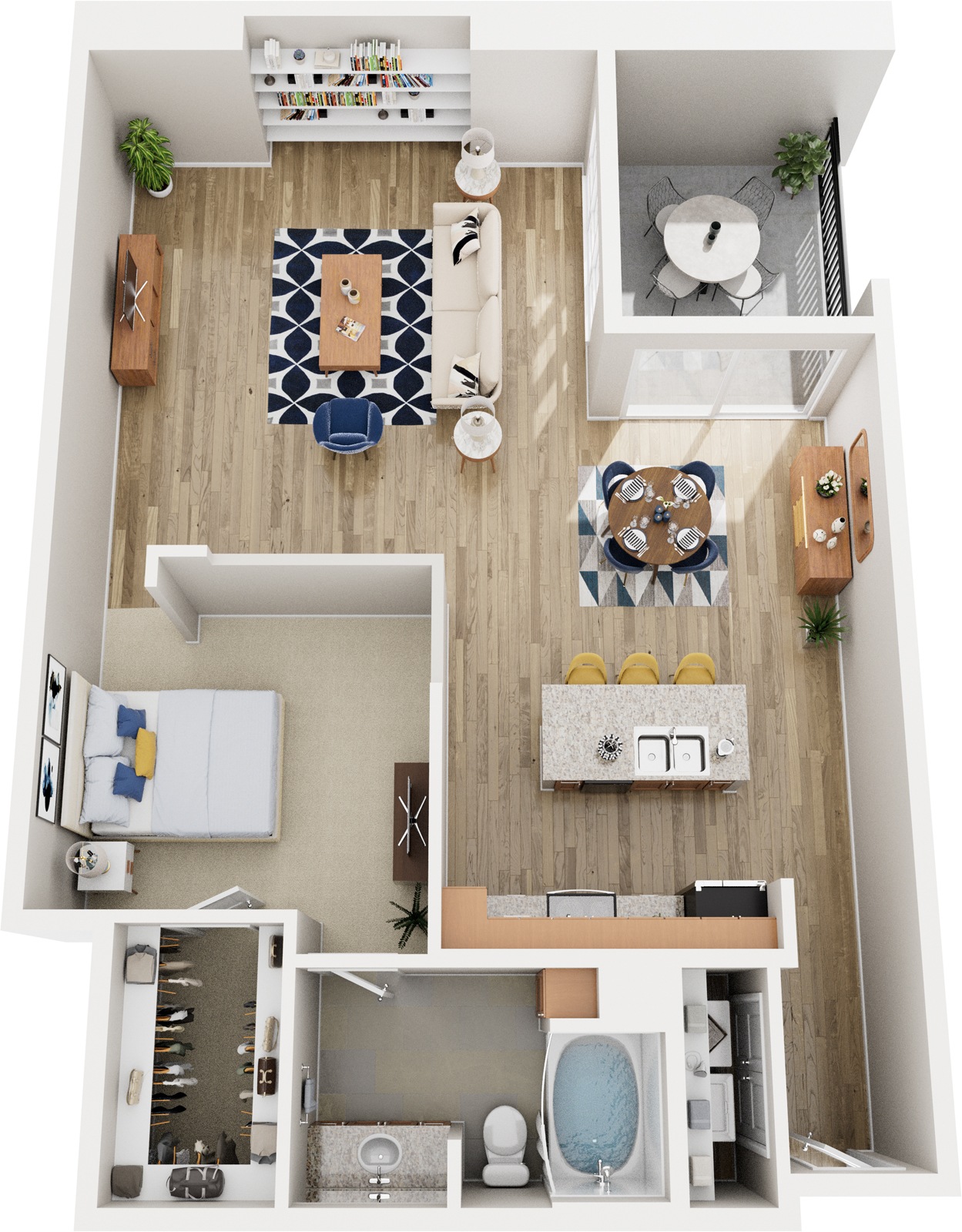 A top-down view of a small apartment with a kitchen, living room, and bathroom.