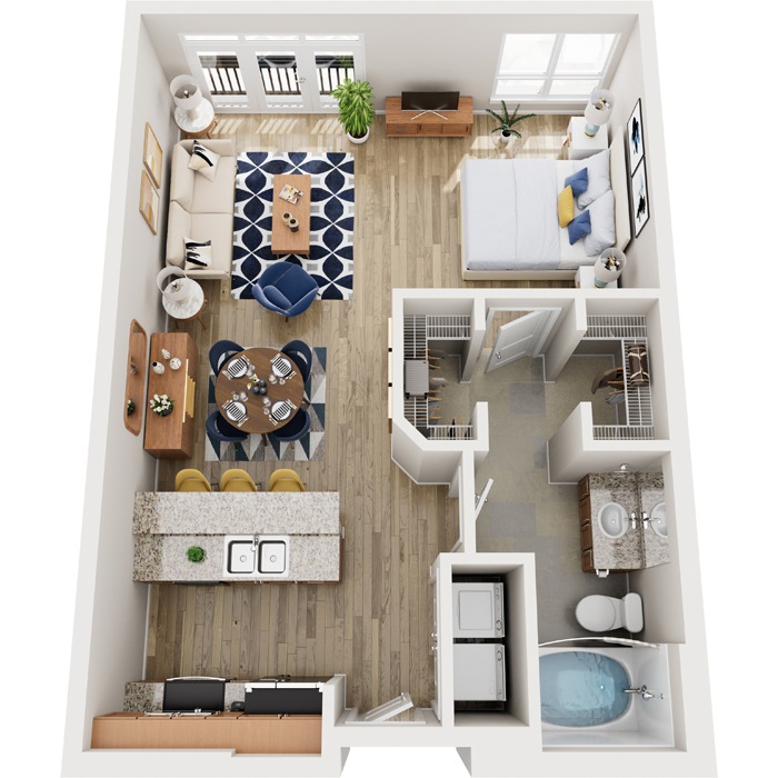 A top-down view of a modern apartment with a kitchen, living room, and bathroom.
