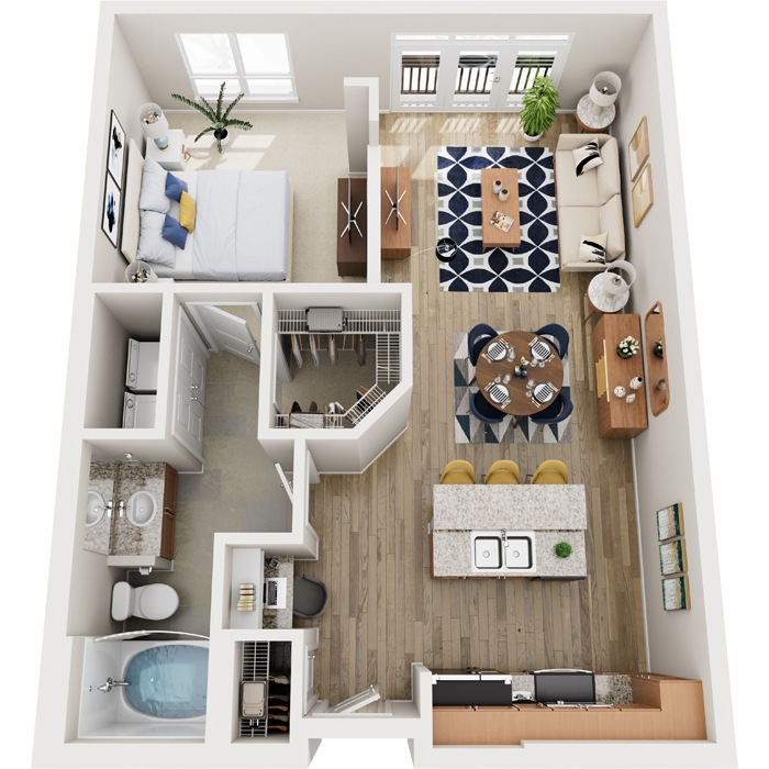 A top-down view of a small apartment with a kitchen, living room, and bathroom.
