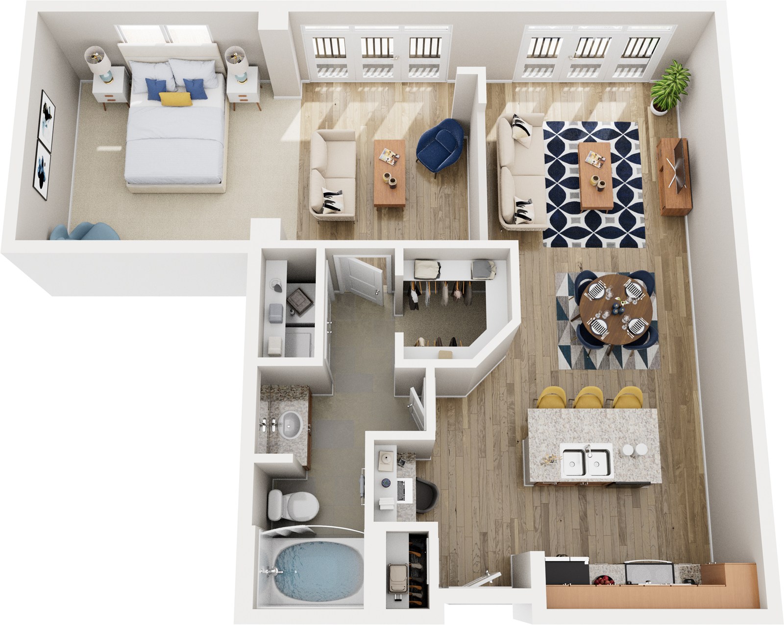 A top-down view of a small apartment with a bedroom, living room, kitchen, and bathroom.