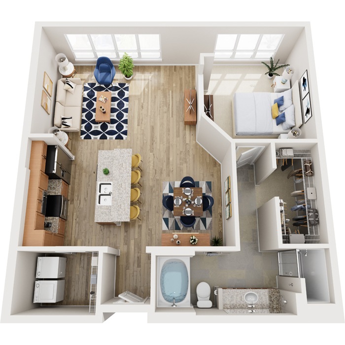 A top-down view of a small apartment with a kitchen, living room, and bathroom.
