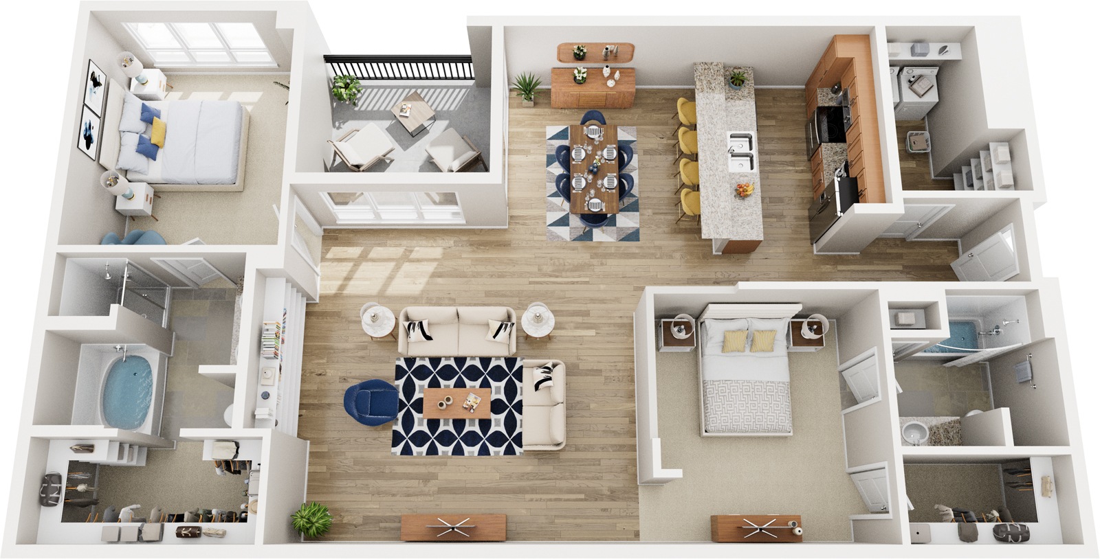 A top-down view of a well-organized apartment with a kitchen, living room, and bedrooms.
