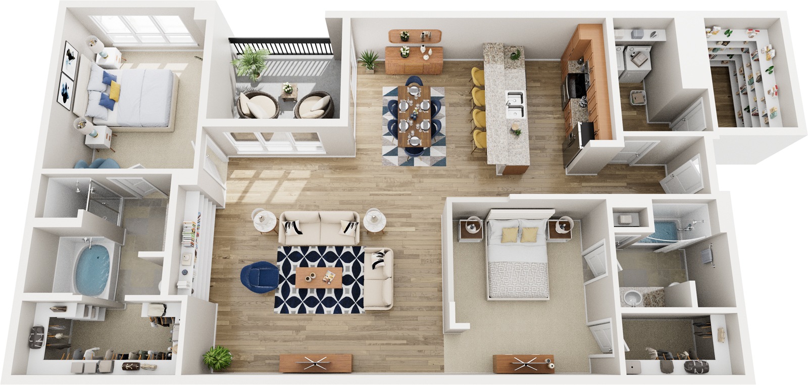 A top-down view of a small apartment layout with a kitchen, living room, and bedroom.