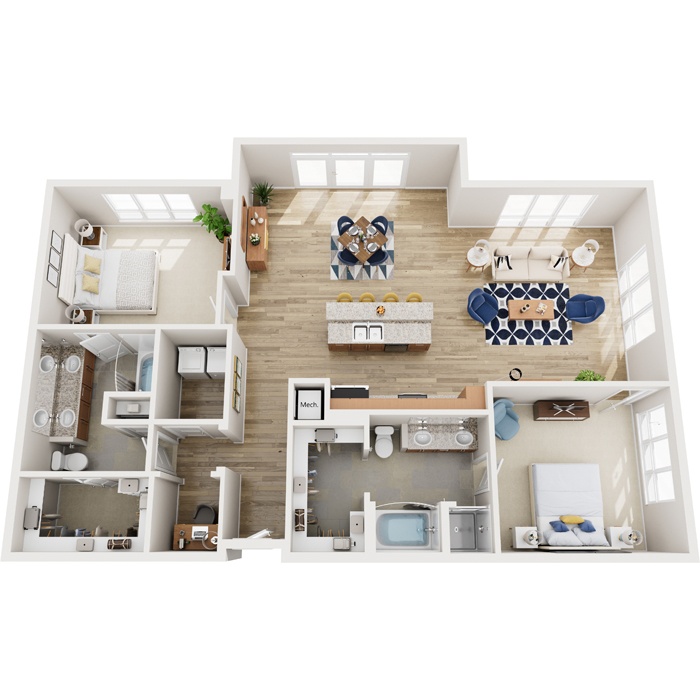 A top-down view of a modern apartment with a kitchen, living room, and dining area.