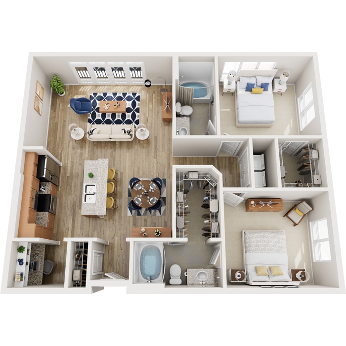 A top-down view of a small apartment with a kitchen, living room, and bathroom.
