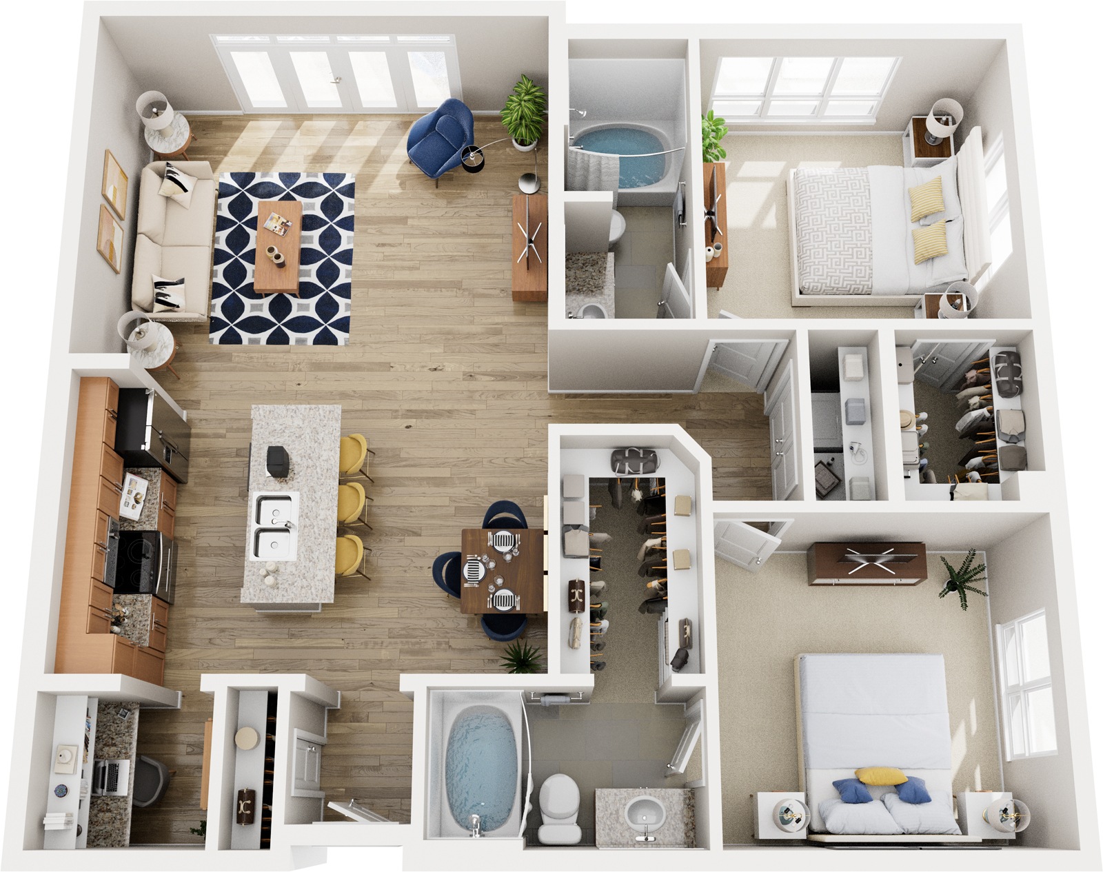 A top-down view of a small apartment with a kitchen, living room, and bathroom.