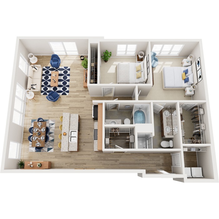 A top-down view of a modern, well-organized apartment with a kitchen, living room, and bedroom.