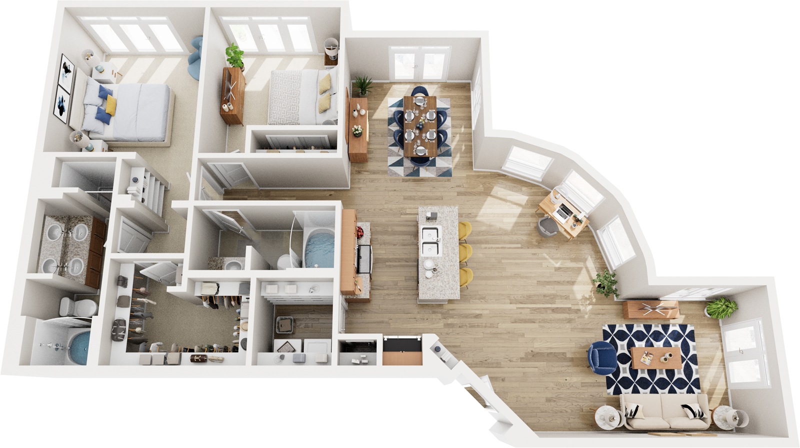 A top-down view of a modern apartment layout with a kitchen, living room, and bedrooms.