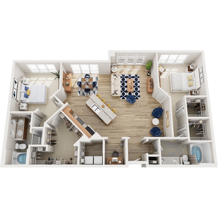 A top-down view of a well-organized apartment with a kitchen, living room, and bedrooms.