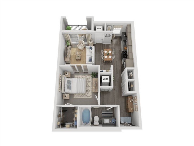 A floor plan of a small apartment with a kitchen, living room, and bathroom.