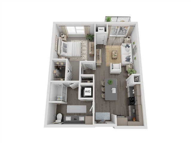 A top-down view of a well-organized apartment with a kitchen, living room, and bedroom.