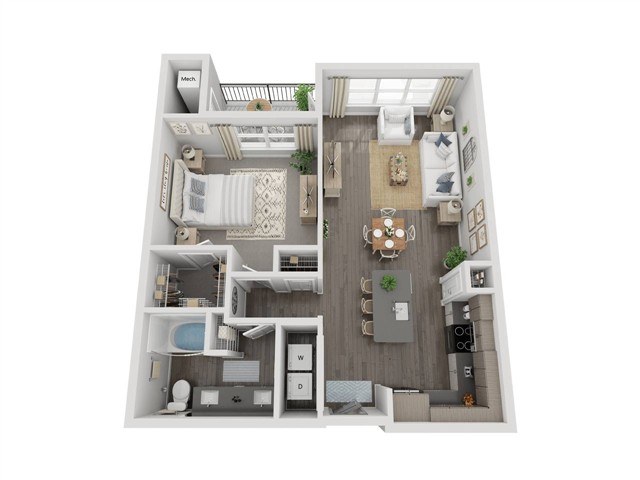 A 3D floor plan of a house with a kitchen, living room, dining room, and bedrooms.