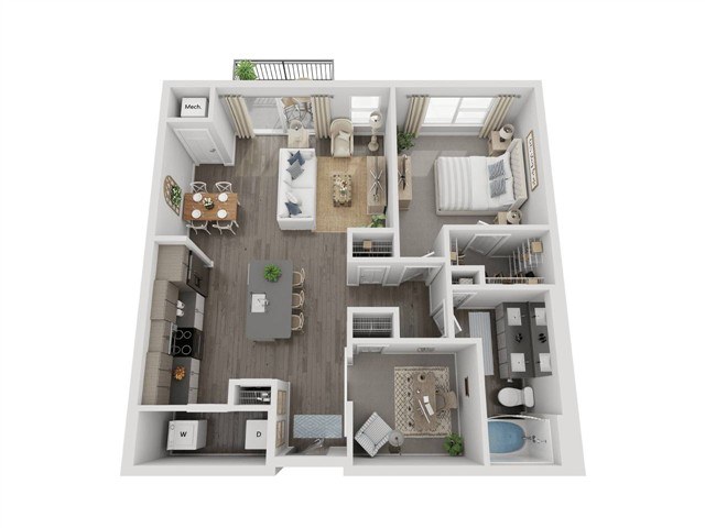 A 3D floor plan of a small apartment with a kitchen, living room, and bathroom.