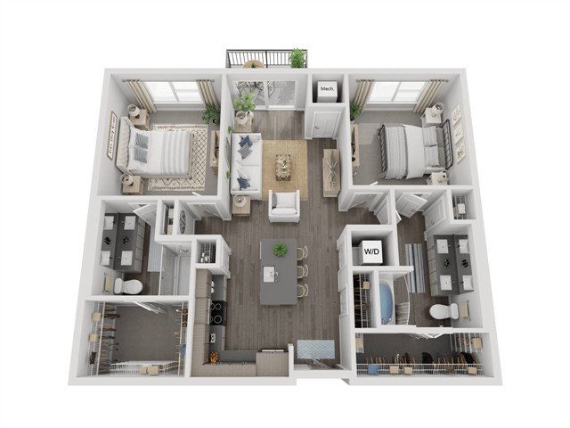 A 3D floor plan of a house with labeled rooms.