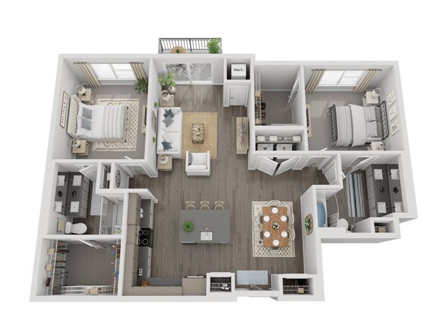 A 3D floor plan of a house with a kitchen, living room, and bathroom.