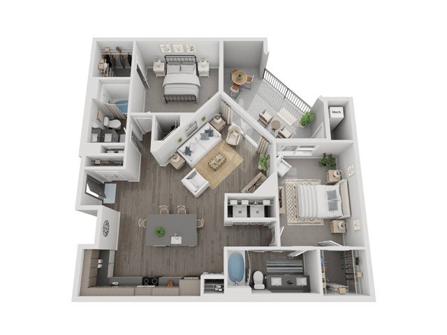 A 3D floor plan of a house with a kitchen, living room, and bedrooms.