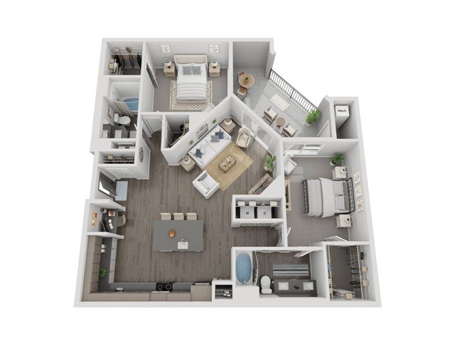 A top-down view of a house layout with a kitchen, living room, and bedrooms.