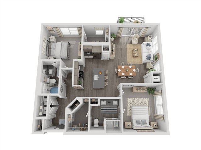 A top-down view of a small apartment with a kitchen, living room, and bedroom.