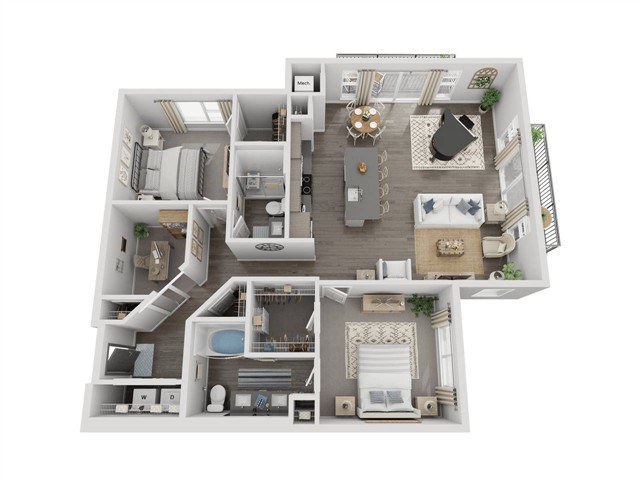 A 3D floor plan of a house with a kitchen, living room, and bathroom.