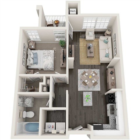 A 3D floor plan of a house with a kitchen, living room, and bathroom.