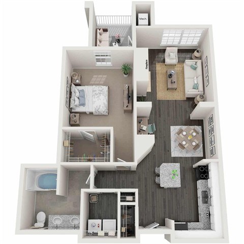 A 3D floor plan of a small apartment with a bedroom, living room, kitchen, and bathroom.