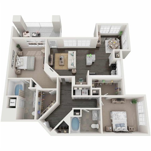 A 3D floor plan of a house with multiple rooms and furniture.
