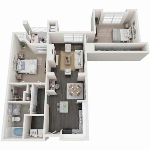A 3D floor plan of a house with a kitchen, living room, and bathroom.