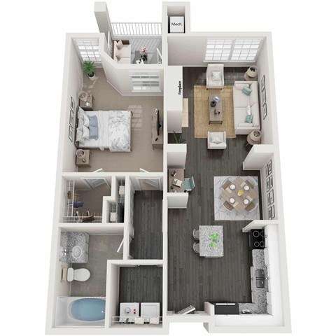 A floor plan of a house with a kitchen, living room, and bathroom.