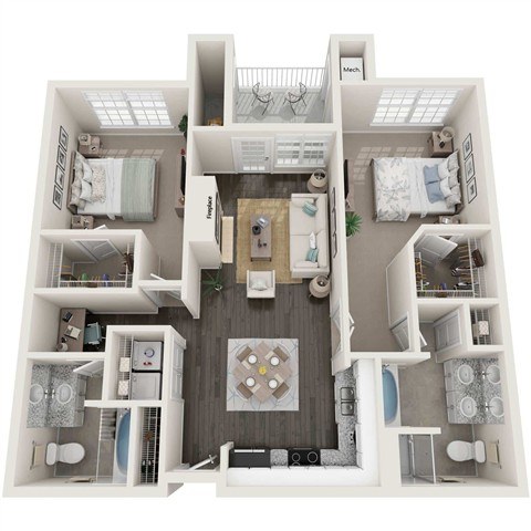 A floor plan of a small apartment with a kitchen, living room, and two bedrooms.