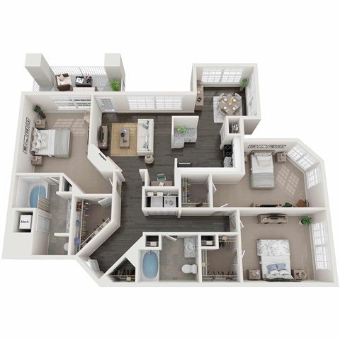A 3D floor plan of a house with multiple rooms and furniture.