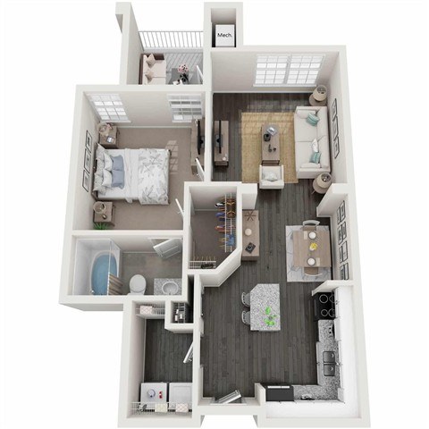 A 3D floor plan of a house layout.