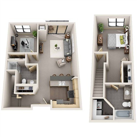 Two floor plan images of a house with a kitchen, living room, bedrooms and bathrooms.