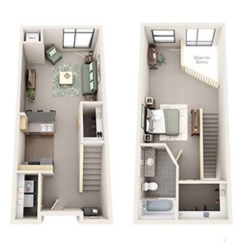 A diagram of a small apartment with two bedrooms and a bathroom.
