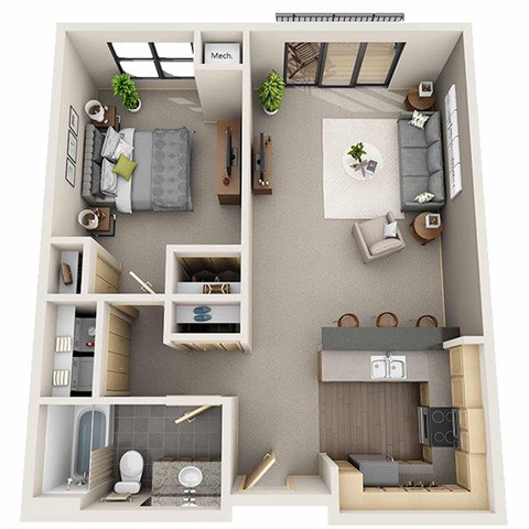 A 3D floor plan of a small apartment with a kitchen, living room, and bathroom.