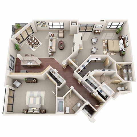 A top-down view of a house layout with multiple rooms and furniture.