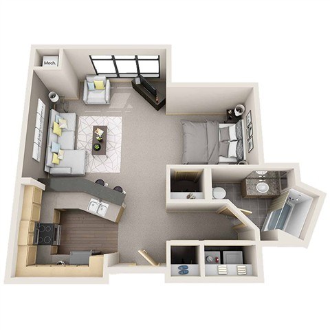 A 3D floor plan of a small apartment with a kitchen, living room, and bathroom.