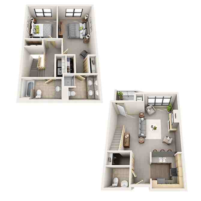 A floor plan of a two-story house with a living room, kitchen, and bedrooms.