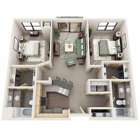 A top-down view of a house layout with a living room, kitchen, dining room, and bedrooms.