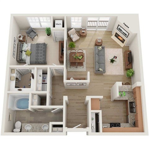 A top-down view of a small apartment with a kitchen, living room, and bathroom.