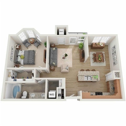 A detailed 3D floor plan of a two-bedroom apartment.