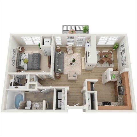 A 3D floor plan of a house with a kitchen, living room, and bedrooms.