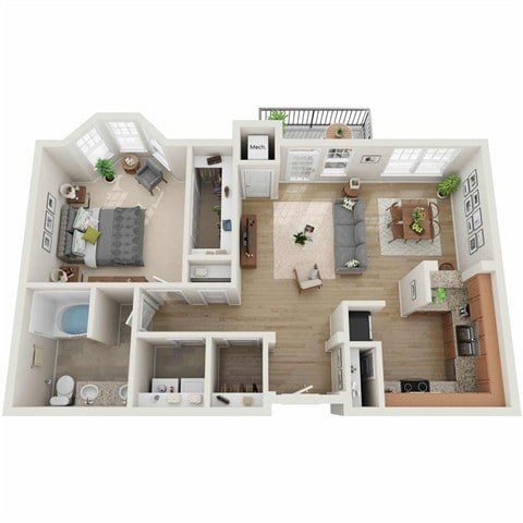 A top-down view of a small apartment with a kitchen, living room, and bathroom.