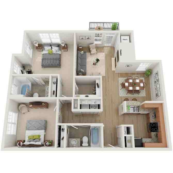 A detailed 3D floor plan of a house showing all rooms and their contents.