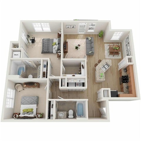 A detailed 3D floor plan of a two-bedroom apartment.