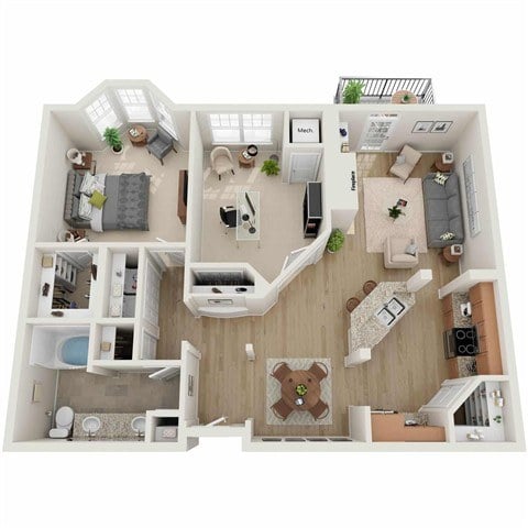 A top-down view of a two-bedroom apartment with a living room, kitchen, and bathroom.