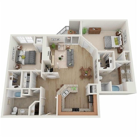 A 3D floor plan of a house with a kitchen, living room, and bedrooms.