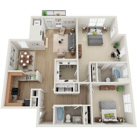 A 3D floor plan of a house with multiple rooms and furniture.