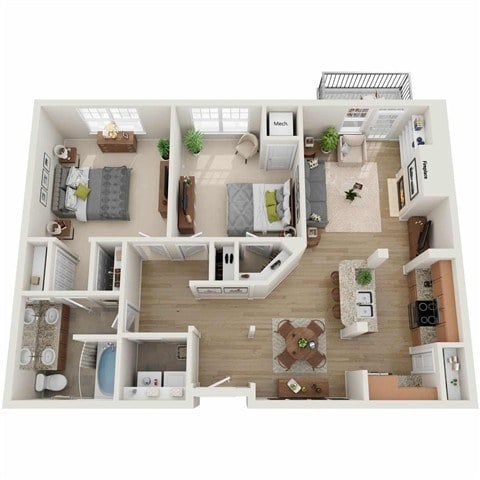 A 3D floor plan of a house with a kitchen, living room, and two bedrooms.