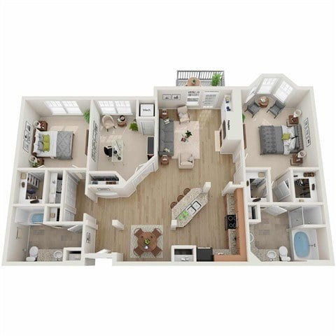 A top-down view of a two-bedroom apartment with a living room, kitchen, and bathroom.